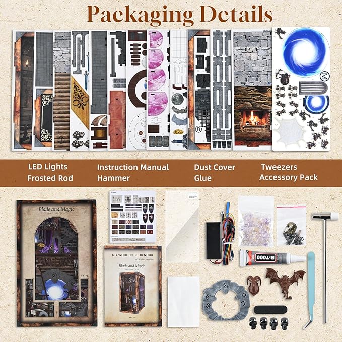 Book Nook Kit, DIY Miniature Dollhouse Booknook Kit, 3D Wooden Puzzle Bookend Bookshelf Insert Decor with LED Light for Teens and Adults (Blade and Magic)