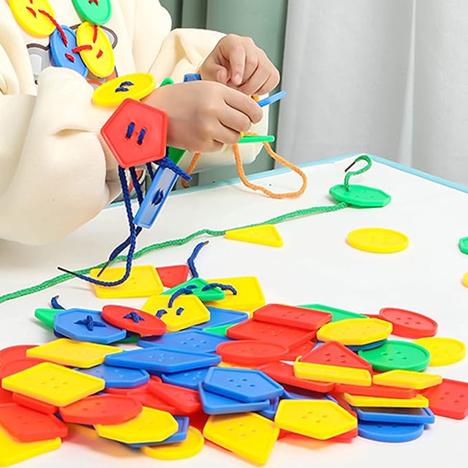 70 Pcs Montessori Lacing Threading Toy - Geometric Shaped Large Beads for Kids Crafts, Preschool Activities and Daycare Toys - Autism Learning Materials and Fine Motor Skills Toys for 3 4 5 6 Year Old