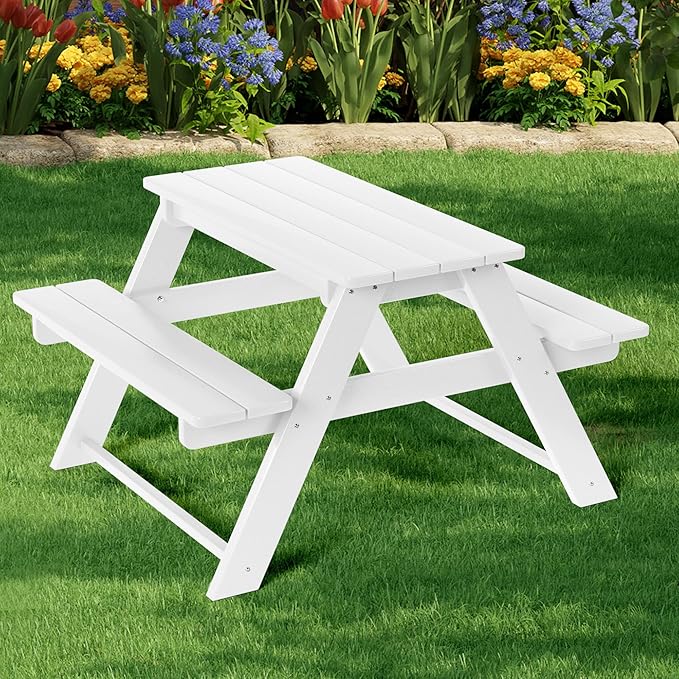 Costaelm Kids Picnic Table, HDPE All Weather Outdoor Toddler Picnic Table and Chair Set Kids Bench for Patio, Backyard, Garden, Lawn, White