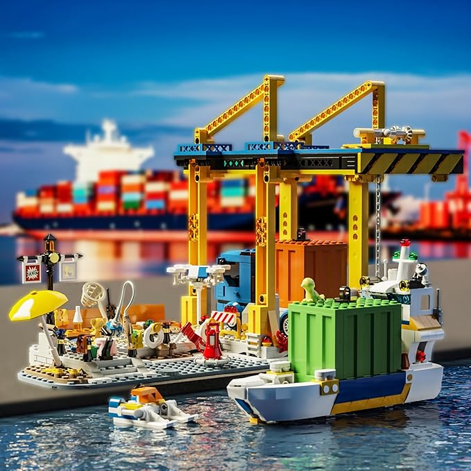 City Seaside Harbor Building Set Compatible with Lego Cargo Ship Boat Toy, Container Crane and Truck, Construction Toy for for Adults Teens Kids Girls Boys 6+