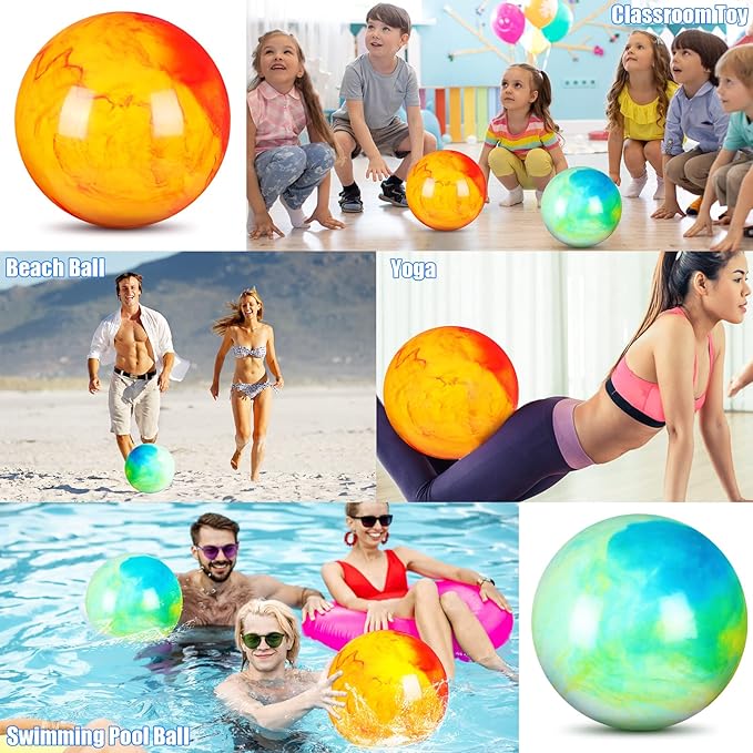 Deekin 2 Pcs 15 Inch 18 Inch Marbleized Bouncy Balls Large Inflatable Rubber Sensory Ball for Playground Outdoor Water(15 Inches,Green and Yellow)