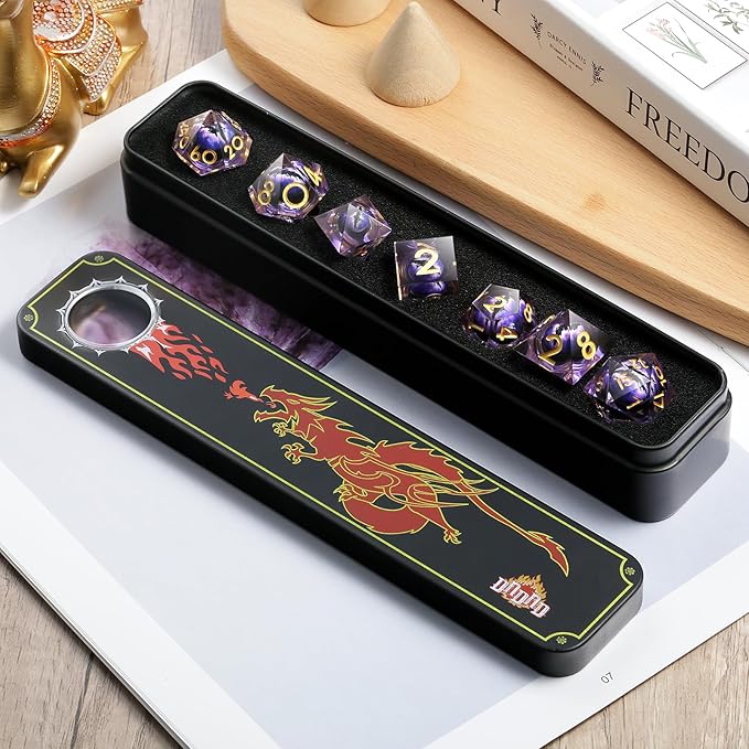 Dragon Eye Sharp Edge D&D Dice，DNDND 7PCS Resin Die with Gift Case for Dungeons and Dragon Talbel Game (Purple Dragon Eye)