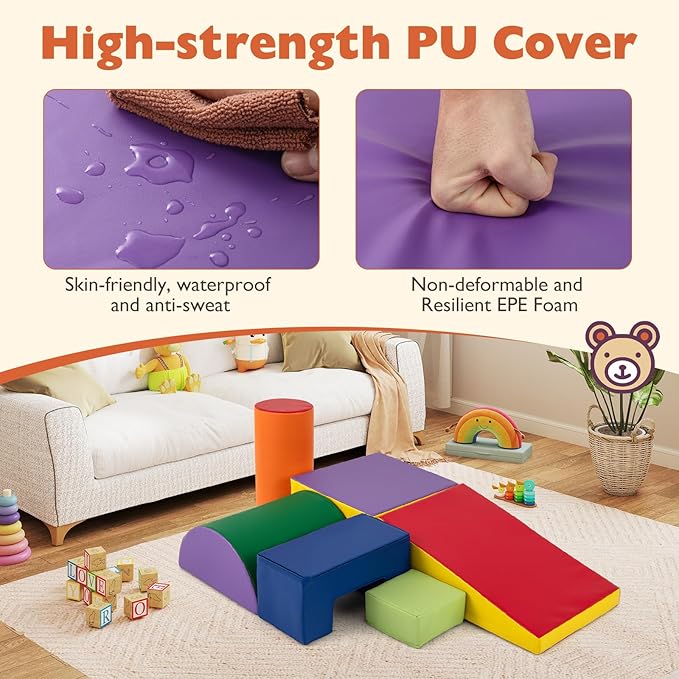 Costzon Toddler Climbing Toys, 6 Pieces Climb and Crawl Playset with PU Cover for Baby Crawling, Climbing & Playing, Indoor Foam Climbing Blocks for Toddlers