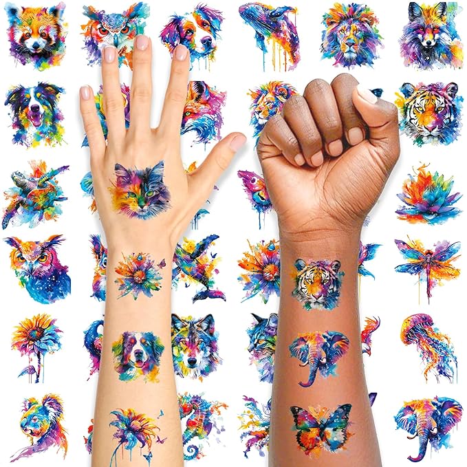 Aresvns Watercolor Cute Animals Temporary Tattoos for Kids, 117 Patterns Kwaii Lion Dog Wolf Owl Butterfly Tattoo for Girls Boy Tiny Tattoo for Birthday Party Decoration Supplies Summer Accessories