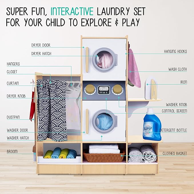 Lil’ Jumbl Kids Washer and Dryer Playset, Wooden Children's Pretend Laundry Set, Includes Broom, Dustpan, Iron, Hangers & Basket, Realistic Laundry Room for Kids - Natural