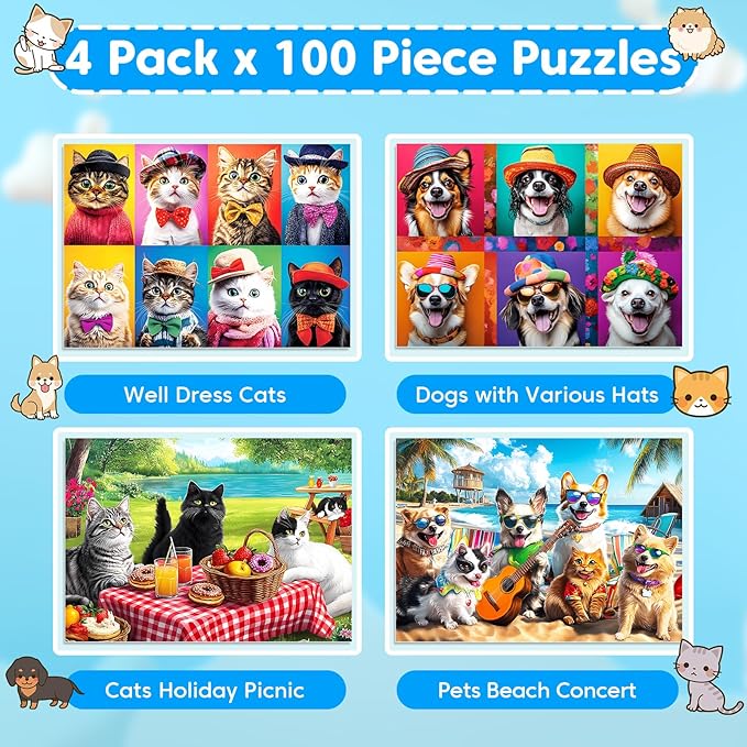 4 Packs 100 Piece Puzzles for Kids Ages 4-6 6-8 8-10, Lovely Cats Dogs Kids Puzzles Ages 5-8 100 Piece Large Jigsaw Puzzles for Adults Seniors Educational Toys Gifts for Girls Boys