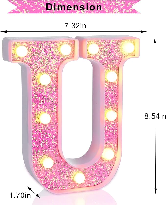 Foaky Pink Light up Letters，Pink Party Decorations,Girls Room Decor,Glitter Light Up Letters,Alphabet Letter Sign for Night Light Birthday Party Girls Gifts, Home Bar Decoration（U）