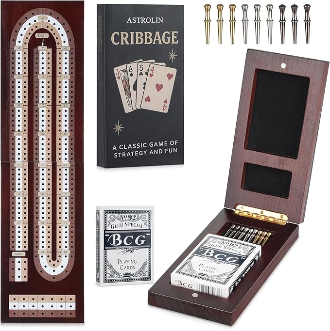Cribbage Board Game Set, Premium Wooden Board with Magnetic Lock and Built-in Storage, Deck of Cards & 9 Metal Pegs, Fun 2–3 Player Travel Game for Adults and Family