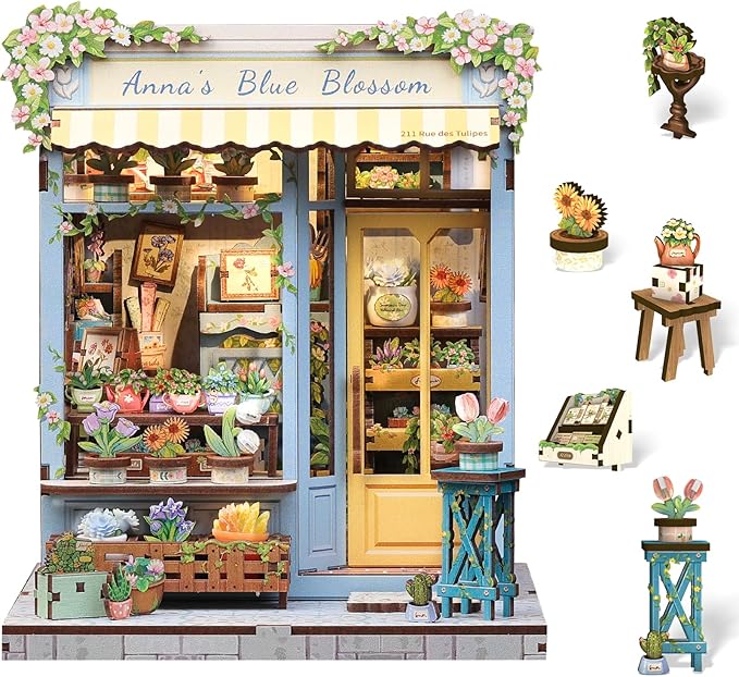 Cutefun Book Nook Kit - DIY Miniature House Kit for Adults and Teens, 3D Wooden Puzzle Mini House Building Kit with LED, Dollhouse Kit Bookshelf Insert Decor Creative Gifts (Anna's Blue Blossom)