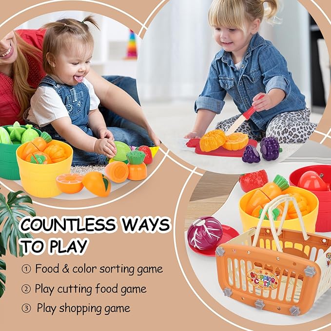 Shopping Cart with Cutting Play Food Set for Kids Kitchen, 2 in 1 Shopping Cart for Kids Grocery Store Pretend Play Kitchen Accessories Sorting Food Bucket Learning Toys Gift for Toddler 3-5