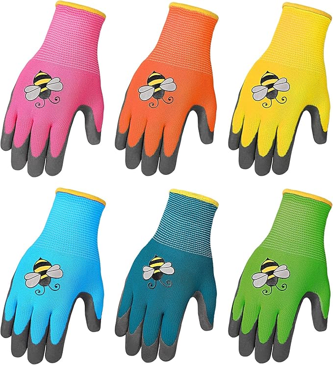 6 Pairs Kids Gardening Gloves Yard Work Gloves Children Soft Safety Rubber Coated Gloves for Toddlers Youth Girls Boys Children (Small (Age 3-5))
