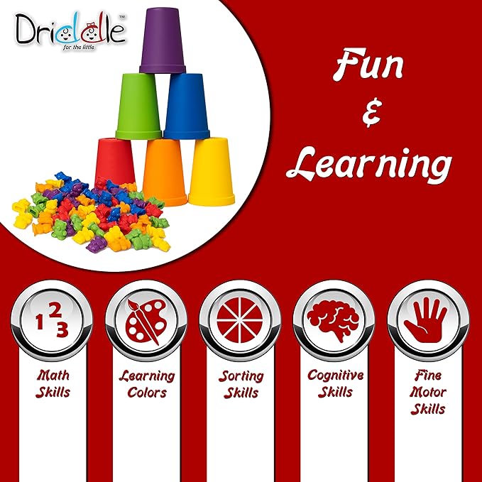 Colorful Counting Bears with Matching Cups - 60 Bears - Sort, Count & Color Recognition Learning Toy for Toddler & Kids - Montessori Education - Preschool Game