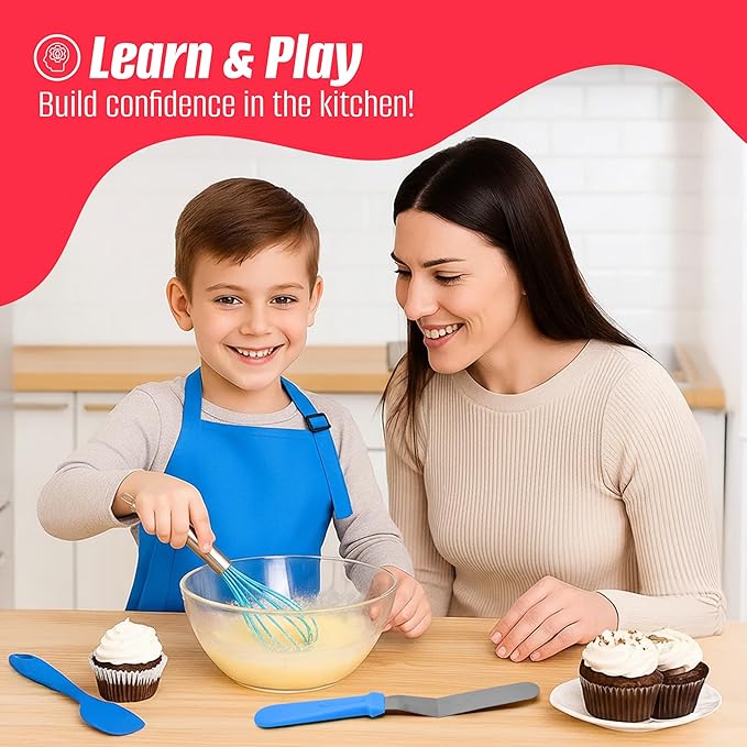 Perlli Kids Cake & Cupcake Baking Set – 51 Pieces Real Utensils & Decorating Kit with Carrier Safe Baking Supplies Gift for Junior Chefs Girls & Boys (Blue)
