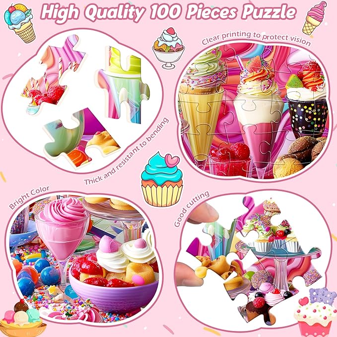 Puzzles for Kids Ages 4-8,100 Piece Puzzles for Kids Ice Cream Puzzle for Kid Ages 4-6 6-8 8-10 Large Piece Jigsaw Puzzle for Children Senior Adult Educational Puzzle Toys Preschool Birthday Gifts