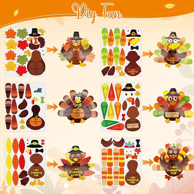 24 Sets Thanksgiving Turkey Craft Kits Fall Ornaments Decorations Art Sets DIY Autumn Make a Turkey Crafts Stickers Arts and Crafts for Toddler Party Classroom Activities