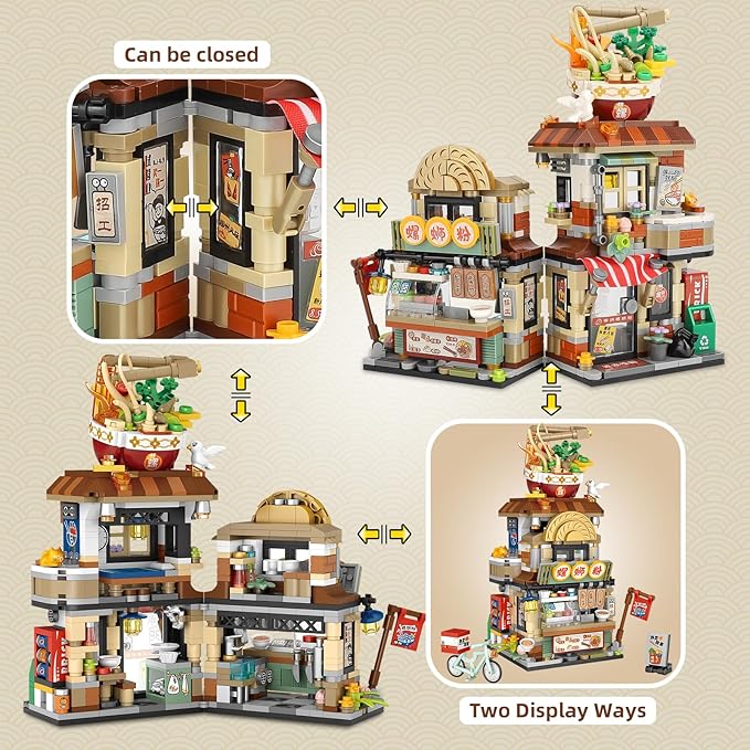 Street View Noodle Shop Mini Building Blocks, MOC Creative Building Toys Model Set for Girls 7-9 Years Old, 870 PCS Simulation Architecture Construction Toy, Gift Idea for Kids Adults