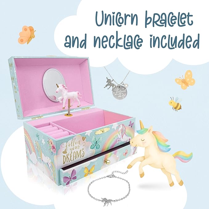 The Memory Building Company Unicorn Musical Jewelry Box, Classic Melody Storage Organizer Kids Ages 6-12, Wood Construction w/ 2 Compartments
