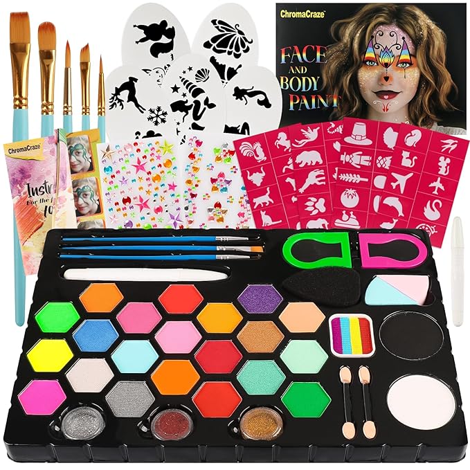 Face Painting Kit for Kids 24 Colors Water-Based Non-Toxic Face Paint Palette With Brushes&Stencils, Hair Chalk, Gems, Glitters, Crayon, Halloween Makeup Kit for Parties, Cosplay, Face Body Art