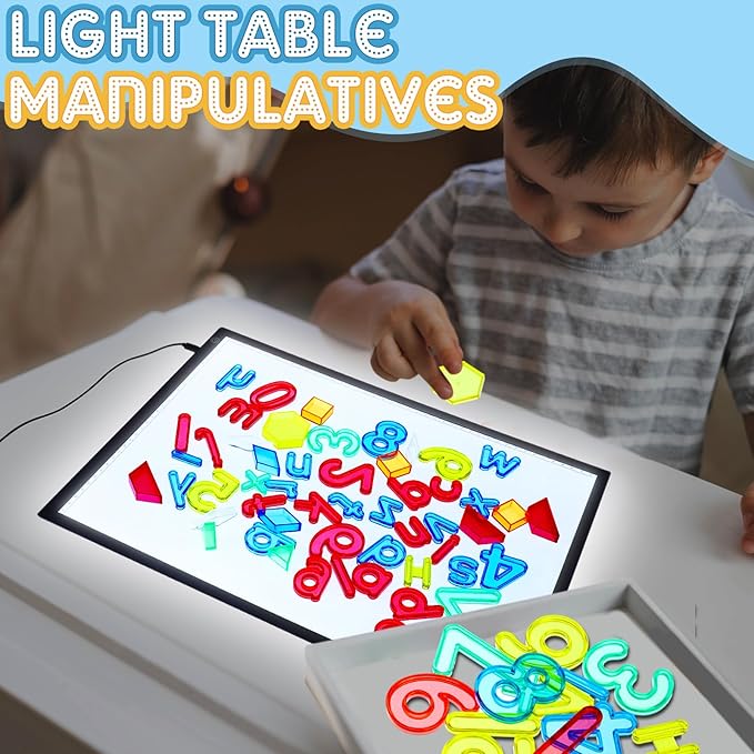 LED Light Panel for Kids and 268 Pcs Translucent Pattern Blocks Geometric Solids Colorful Plastic Letters and Numbers for Kids Sensory Play Exploration Counting Spelling Supplies