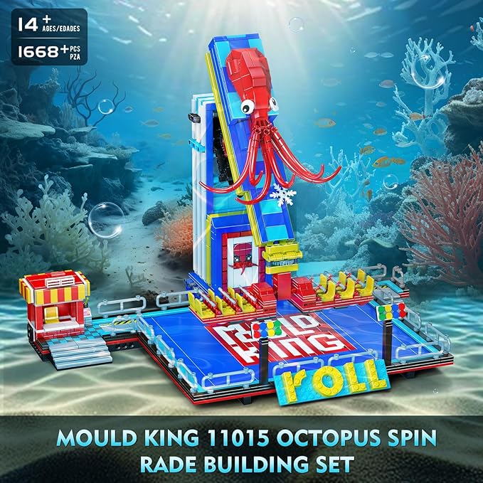 Mould King Octopus Spin Ride Building Blocks Set, Creative Amusement Park Model Kit That Run, City Building Engineering Toy with Motor, Collectible Gift for Teens, Adults(1668 Pcs)