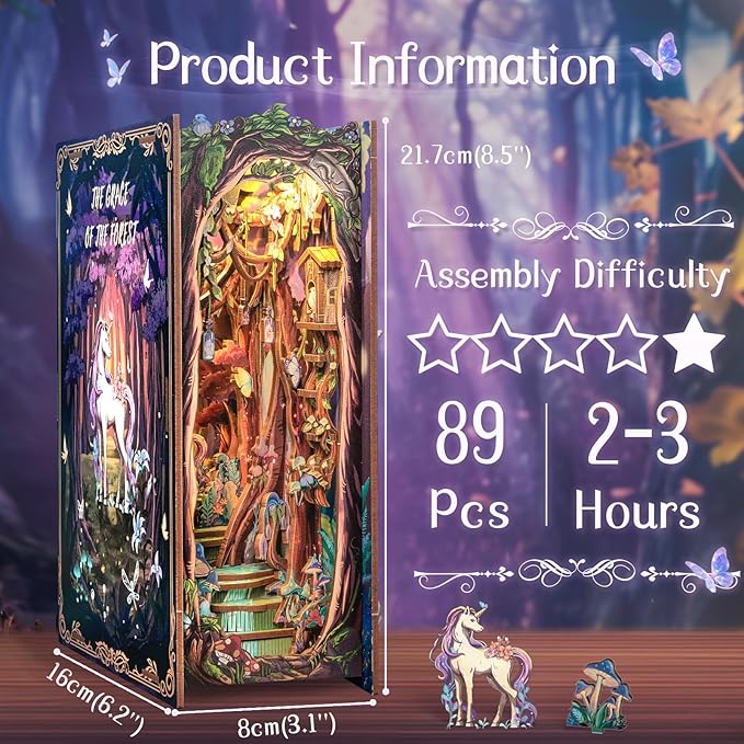 Fsolis Book Nook Kit, DIY Miniature Room House Kit 3D Wooden Puzzle Craft Kit for Adult Decorative Bookend Bookshelf Bookcase Nook Decor Gifts for Women Teens and Book Lovers (The Grace of The Forest)