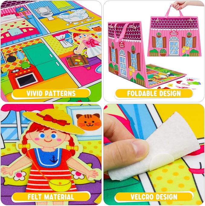 OKOOKO Dress Up House Felt Board 35PCS Double-Sided Foldable Dress Up Teaching Girls Toy Preschool Crafts Storytelling Early Learning Interactive Play Kit for Toddlers Kids