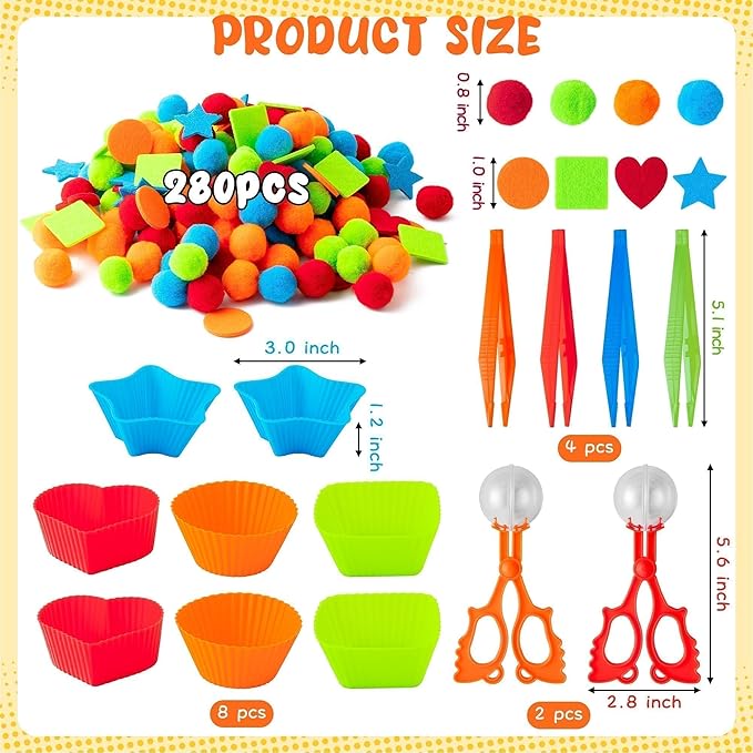 EZdhuawuse Shape Sensory Bin Fillers - 295P Summer Shape Fine Motor Skills Toys Counting Sorting Set for Kids Early Education, Felt Decor Pom Poms Cup Clip for Preschool Counting Sorting Training