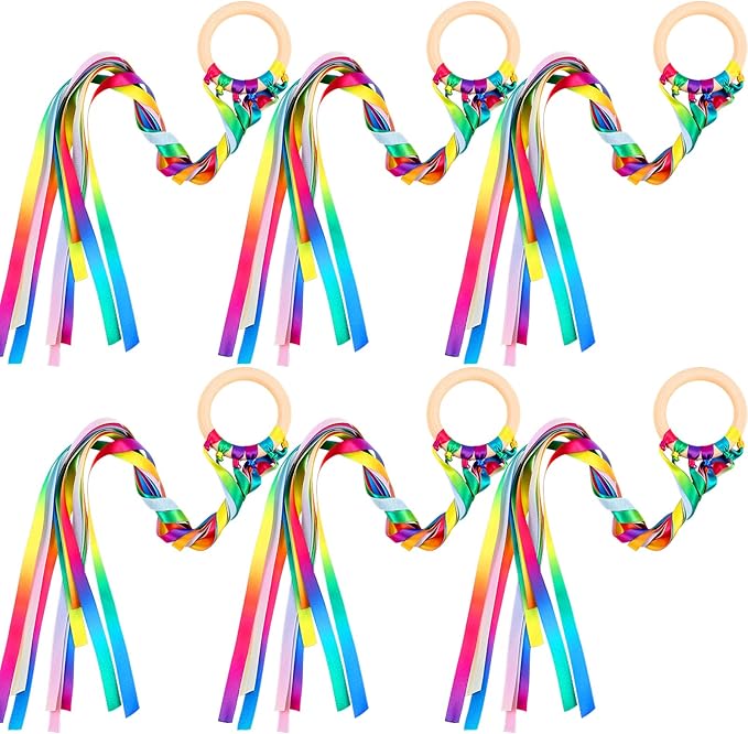 Sumind 6 Pcs Rainbow Ribbon Hand Kites Wands for Kids Dancer Streamer String Toy Thrown Waldorf Wand with Wooden Ring Wand Learning Educational(Warm Colors)