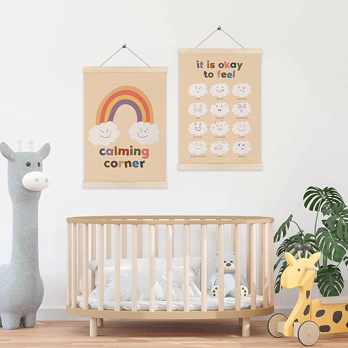 Koesus Calming Corner Posters for Kids, Emotional Chart Wall Art Poster Hanger Frame 12x16 Inch Set of 2, Boho Mental Health Canvas Pictures Prints Framed Wall Decor for Classroom