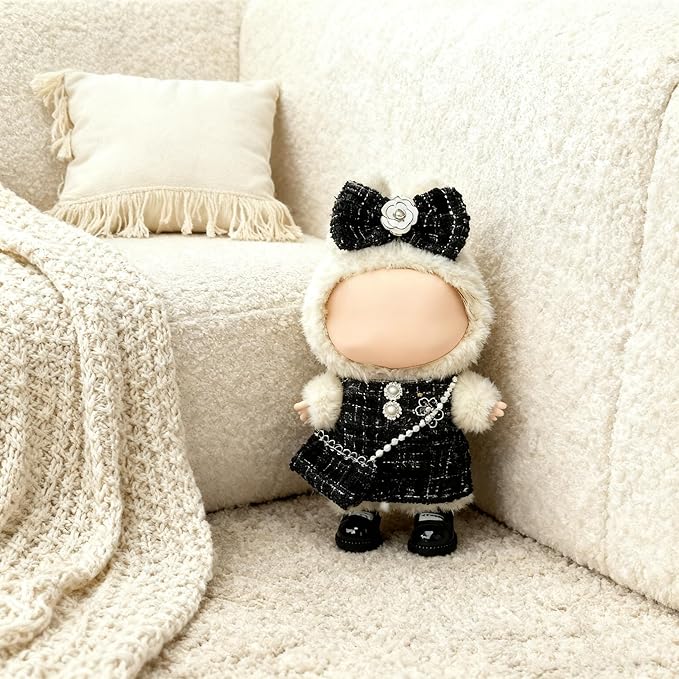Clothes for LABUBU 17cm Doll (NO Doll)（NO Shoes, Outfit for LABUBU, Dress + Hairpin + Mini Bag Set for LABUBU Dress Up, Fashion and Premium Dolls Accessories for LABUBU (Style G)