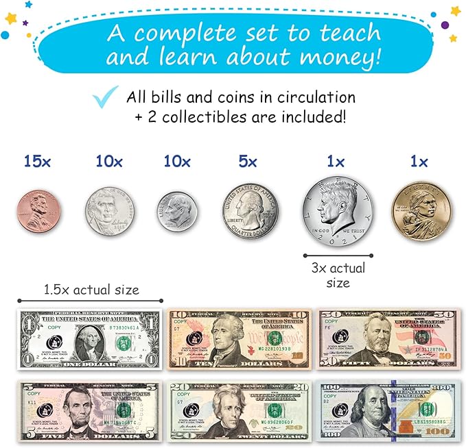 48 PCS Large Double-Sided Magnetic Money - Play Money for Kids for Learning, Pretend Money for Classroom, Toy Money, Play Coins for Kids, Money Games, Practice, Money Manipulatives, Class Money Set