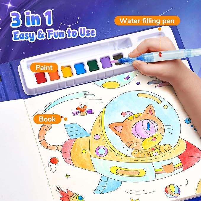 JoyCat Paint with Water Coloring Books, Art & Craft Activity, No Mess Art for Kids Ages 4-8, Craft Kits & Supplies, DIY Creative Activity, Presents for Girls & Boys (Space)