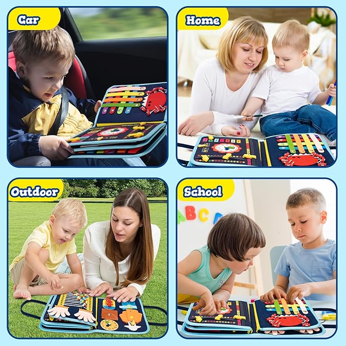 Toddler Busy Board Book Montessori Toys for 1 2 3 4 Years Old,Sensory Board Educational Activities for Learning Fine Motor Skill,Toy for Boy & Girl Birthday Gift,Toddler Toy for Airplane Car Travel﻿