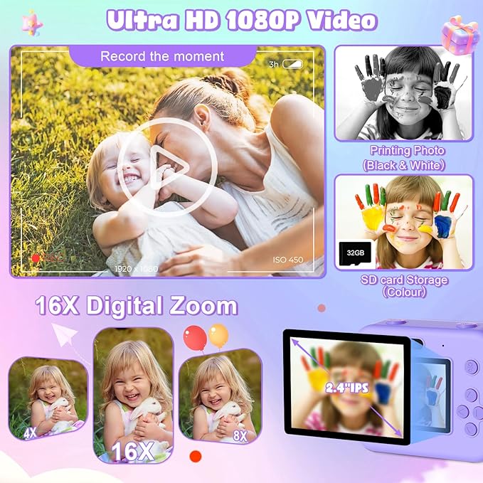 Kids Camera Instant Print - 1080P HD Video Digital Camera for Toddler with Printing Photo Paper, Portable Toy for 4 5 6 7 8 9 10 Years Old, Christmas Birthday Gifts for Boys Girls (Purple)