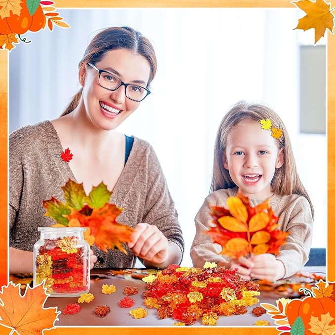 120Pcs Fall Thanksgiving Ornaments, Maple Leaves Vase Filler Acrylic Crystals Gems Table Scatters for Fall Autumn Thanksgiving Halloween Decoration Party Favors Craft Supplies