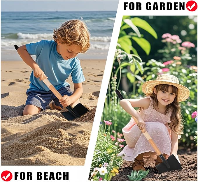Kids Rake and Shovel Set, 2Pcs Garden Tools Metal Head with Wooden Handle, Great Gardening Gifts for Boys Girls Age 3 and Up