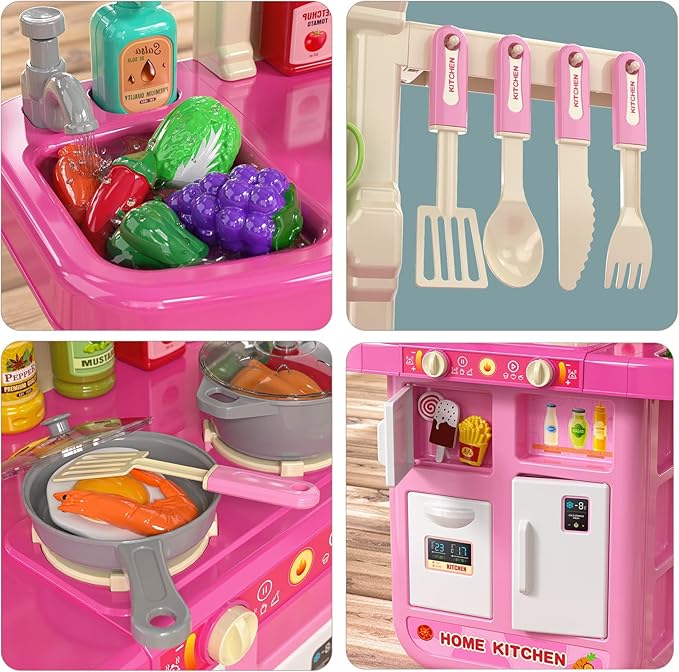 Kitchen Playset for Ages 3-6 4-8, Play Kitchen with Light and Sound, Sink Toy, Pretend Food Toys for Toddlers 3-5 Boys Girls 6-12 (Pink)