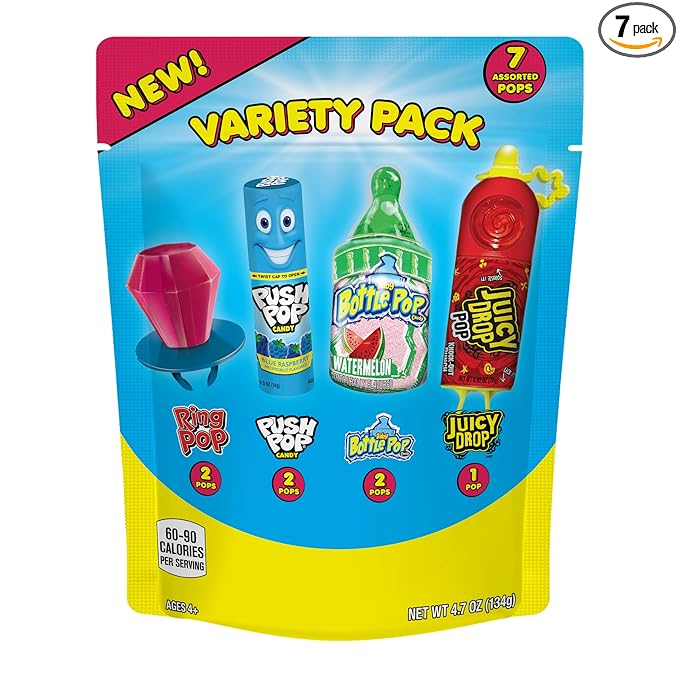 Halloween Candy Variety Pack Bag, 7 Ct Bulk Individually Wrapped Lollipops, Ring Pop, Push Pop, Baby Bottle Pop & Juicy Drop, Birthday Party Favors, Trick or Treat, Halloween Candy Bowls, Kids Gifts