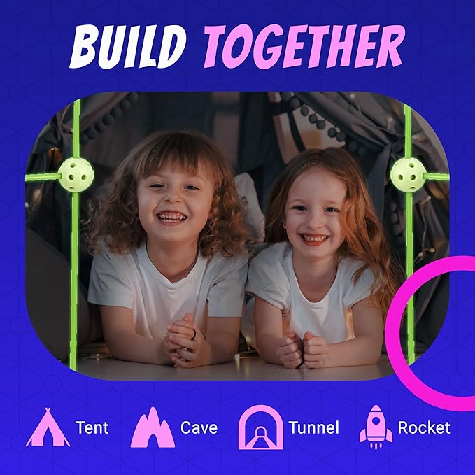 Playbees Glow in The Dark Fort Building Kit with Rods and Connectors - 132 Pieces - Glow in The Dark - Ages 4-8, 8-12 STEM Building Toy, Construction Set for Kids, DIY Castle, Birthday Gift