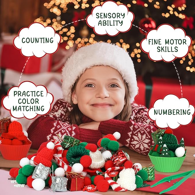 178 Pcs Christmas Sensory Bin Items Christmas Tree Hat Gift Box Counting Sorting Sensory Bin Filler Fine Motor Red Green Counts for Xmas Counting Decor