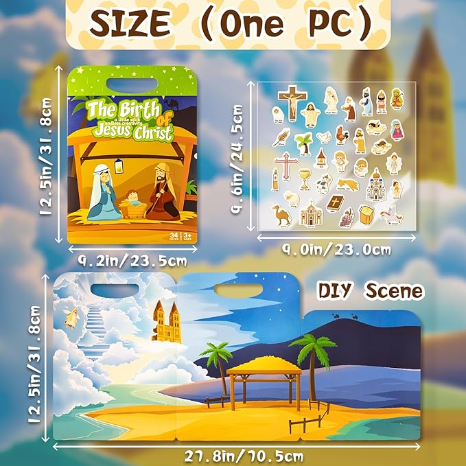 3 Pack Reusable Sticker Books for Kids, Waterproof Puffy Stickers - Match and DIY Scene, Toddler Travel Essential Activities Toys - Christianity Jesus, Noah's Ark and Fairy Tales (2-6 Age)