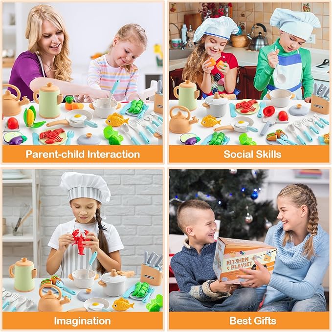 Kids Play Kitchen Accessories, 42Pcs Toddlers Pretend Toy Kitchen Playset Cooking Sets with Pressure Pots and Pans, Cookware, Utensils, Cutting Play Food Preschool Education Toys Gift for Girls Boys