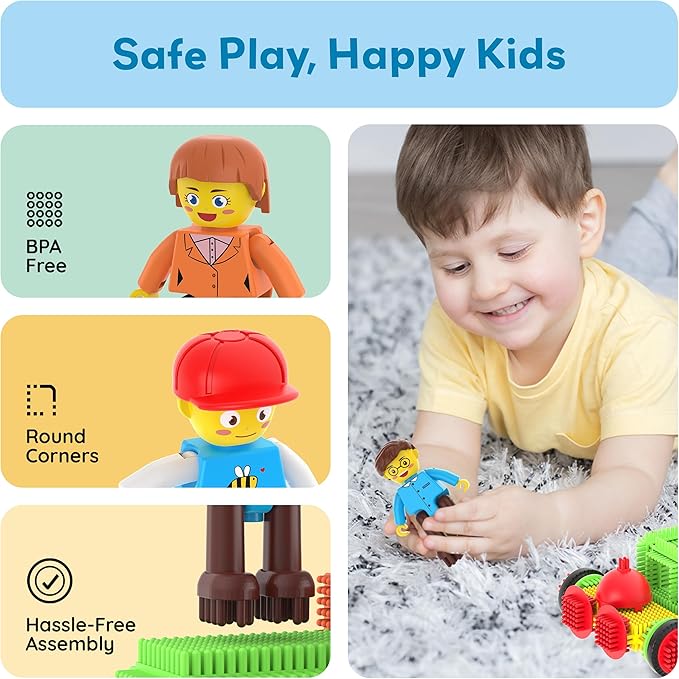 Picasso Toys Hedgehog Blocks 4 Family Action Character Figures Toddler Toy Construction Building Tile Block Expansion Pack Educational Add-on STEM Learning Smart Game Kit Toys Pretend Playset Age 3+