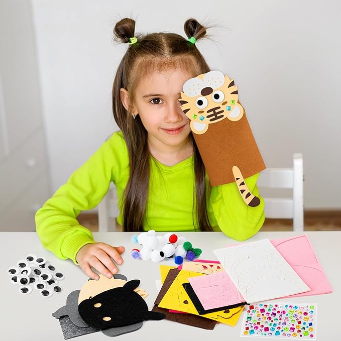 WATINC 6Pcs Hand Puppet Making Kit, Art Craft Felt Sock Puppet Toys, Creative DIY Make Your Own Pompoms Wiggle Googly Eyes Storytelling Role Play Party Supplies Gift for Girls Boys (Wild Animals A)