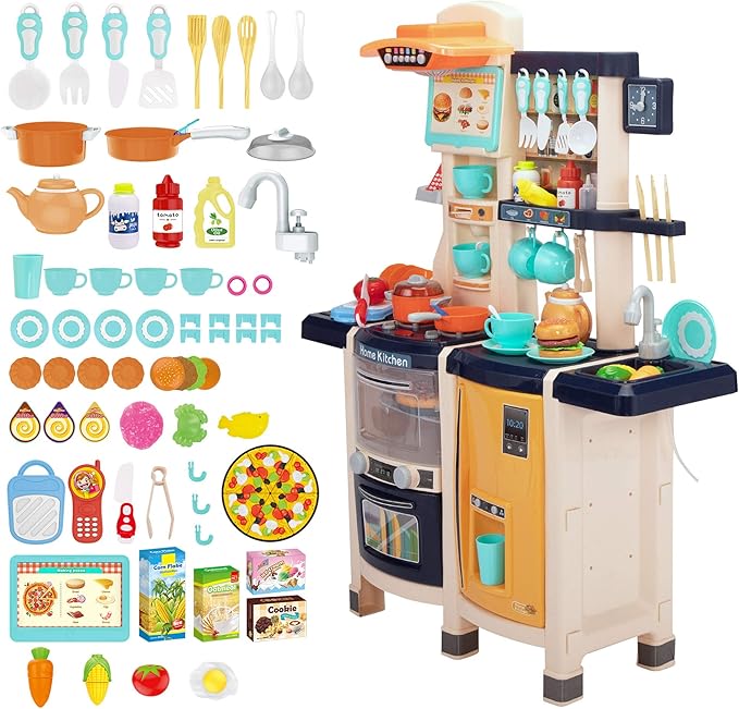 SANDINRAYLI 65Pcs Kids Kitchen Playset, Kitchen Toys, Large Toddler Play Kitchen Sets for Kids Ages 4-8, Pretend Toddler Kitchen for Girl & Boy 3-5, Baby Kitchen with Simulated Sound, Light, Blue