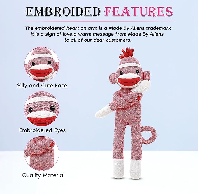 Adorable Sock Monkey, The Original Traditional Hand Knitted Stuffed Animal Toy Gift-for Kids, Babies, Teens, Girls and Boys Baby Doll Present Puppet (20" Pink)