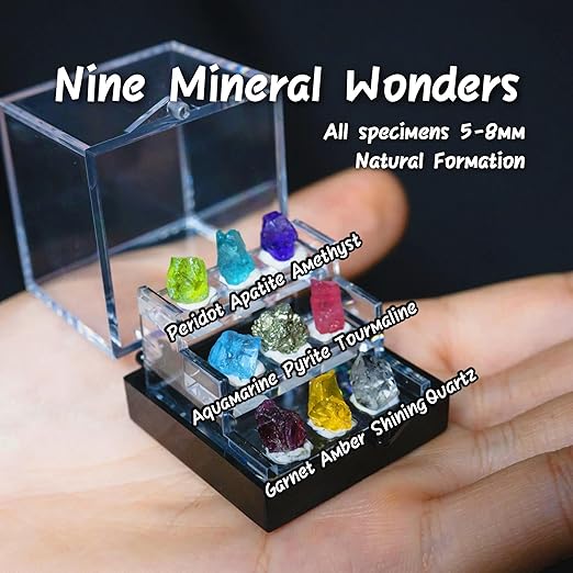 9 Rare Natural Gemstone Collection Gift Box-Peridot, Apatite & 7 Exquisite Minerals-Square Acrylic Tiered Display Case - Ideal Birthday & Christmas Gifts for Mineral Enthusiasts,Geography Enthusiast