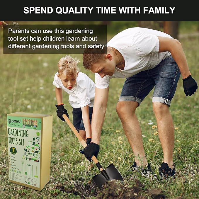 Kids Garden Tools, Rake and Shovel Set, 7 Pieces Gardening Tools for Yard, Beach, Camping Play, Outside Toys for Kids Ages 3 up Gift