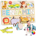 Personalized Wooden Name Puzzle for Toddlers 1-3 - Montessori Wooden Safari Sensory Toy with Jungle Animals, Custom Educational Learning Toys, Perfect Birthday Gift for Boys & Girls
