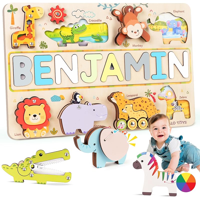 Personalized Wooden Name Puzzle for Toddlers 1-3 - Montessori Wooden Safari Sensory Toy with Jungle Animals, Custom Educational Learning Toys, Perfect Birthday Gift for Boys & Girls